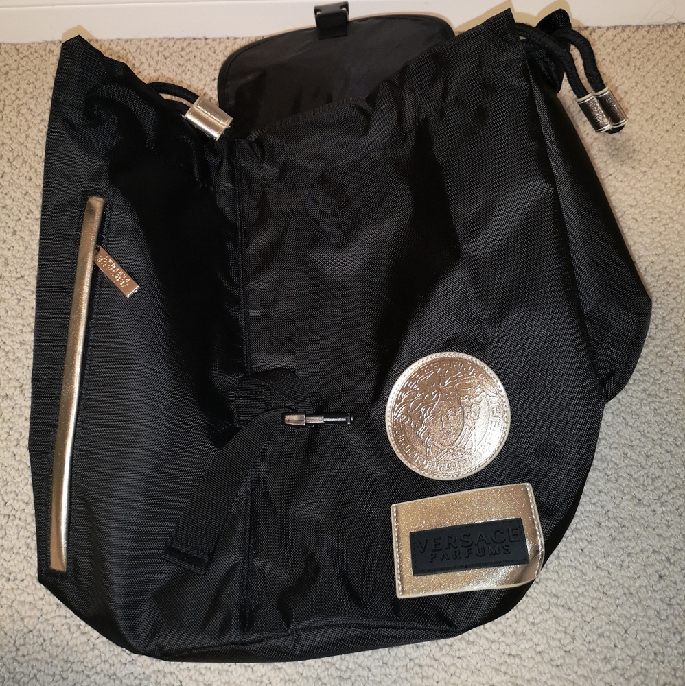 VERSACE backpack perfumes, black/gold accent, OS